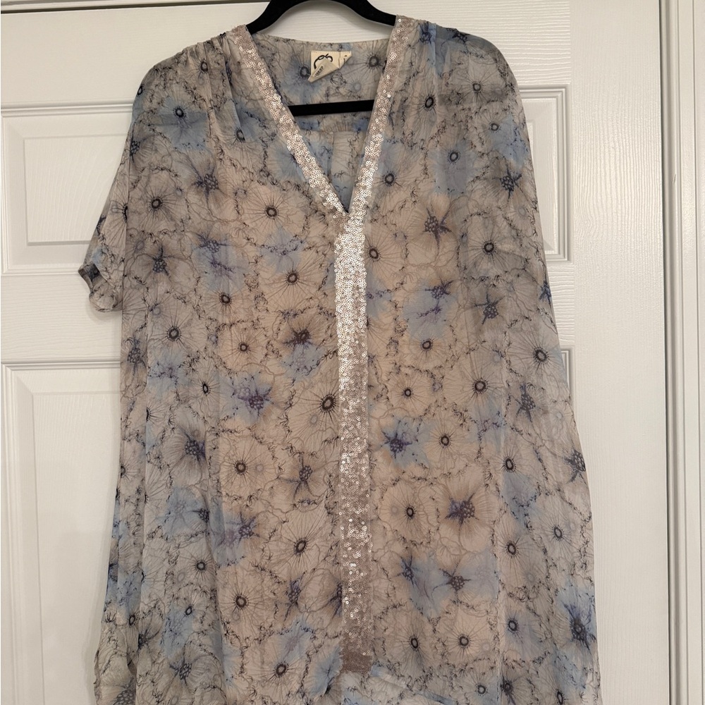 Anthropologie Sheer Blue and Cream Tunic